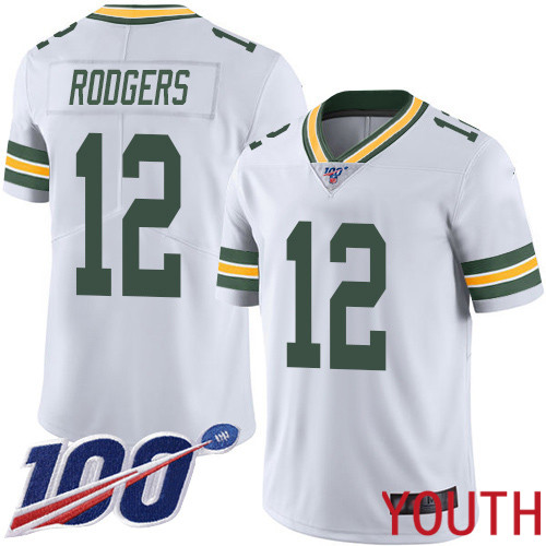 Green Bay Packers Limited White Youth 12 Rodgers Aaron Road Jersey Nike NFL 100th Season Vapor Untouchable